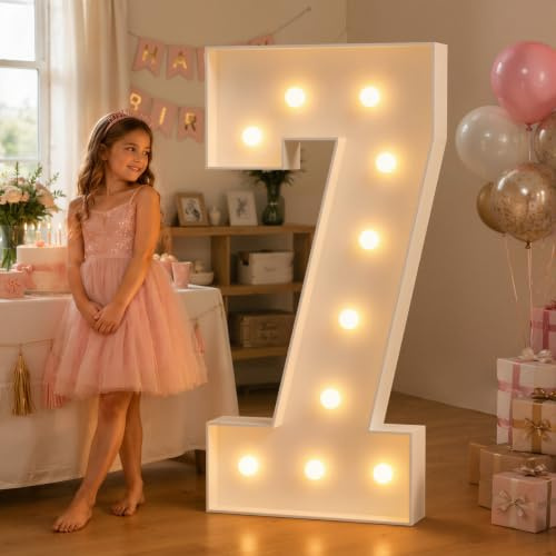 JoyMuse 4FT Marquee Numbers for Birthday Decorations Big 4FT Numbers with Light for Party Decor, Number 7 | 4FT marquee light up number 7 made with foam boards for 7th birthdays and special celebrations 21 Pcs Accessory Set