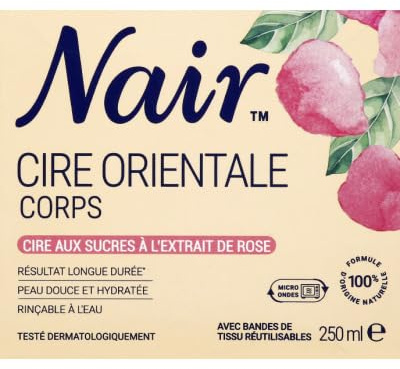 Nair Orientalische Methode Zuckerwachs - Haarentfernungs-Set für Frauen, angereichert mit Rosenextrakt. Das Set enthält einen 250 ml Topf, 14 wiederverwendbare Stoffstreifen und einen Holzspatel.