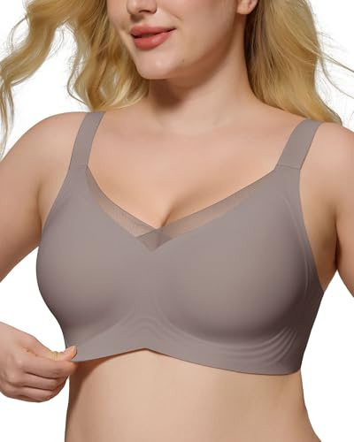 HORISUN Wireless Bras for Women, Non Wired Comfortable Seamless Support Bra Lift Full Coverage Bra Mesh Lace Deep V Plus Size Bralettes (Grey 2XL)