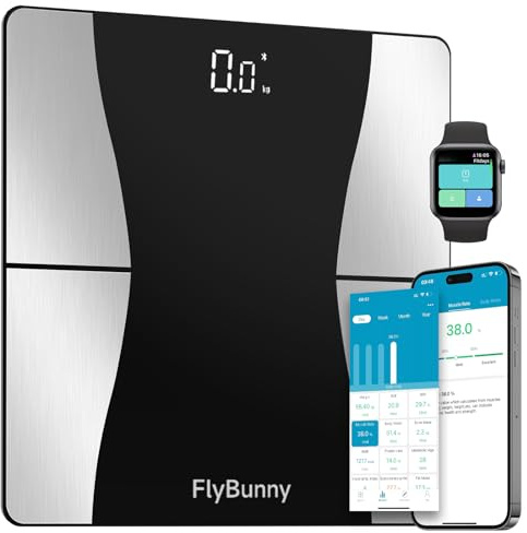 Flybunny Bluetooth Körperfettwaage mit App – Präzise Personenwaage bis 180 kg, Digitale Anzeige, BMI & Muskelanalyse, 18 Körperwerte, kompatibel mit LeAo Health