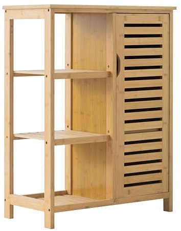 Brigros - Mobiletto Bagno Salvaspazio In Bamboo Con 1 Anta E 3 Ripiani, Mobile Cucina Salvaspazio 66x33x87 Cm, Mobile Bambu Design Moderno In Legno Per Bagno O Cucina