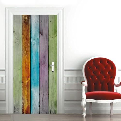 Türtapete Selbstklebend 90x210 Buntes Holz Türfolie Rustikales Holz Türaufkleber Fototapete 3D Effekt Türklebefolie Türposter für Innentür Schlafzimmer Bad Dekoration M2043