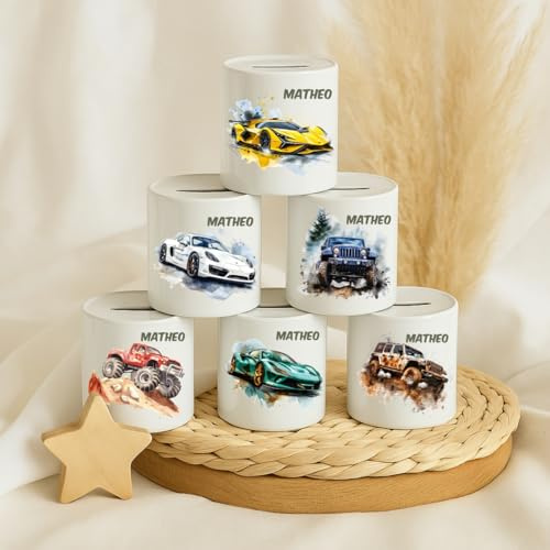 Personalisierte Spardose Keramik Auto mit Namen fuer Kinder individuelle Geldbox Fahrzeug Motiv Rennwagen Offroad Monstertruck Geschenk zur Geburt Taufe Geburtstag Einschulung Kinderzimmer Deko