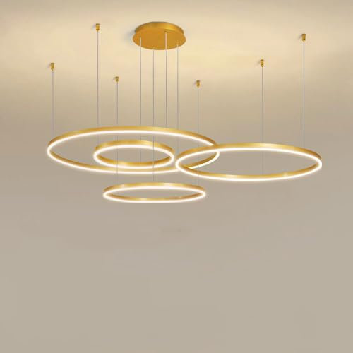 Hohe Decke Kronleuchter Gold Kreis Decke Kronleuchter Beleuchtung 4-Ring Moderne Decke Kronleuchter Tri-Color Dimmbare Hohe Decke Hängeleuchte LED Pendelleuchte Für Küche Schlafzimmer Pendelleuchte