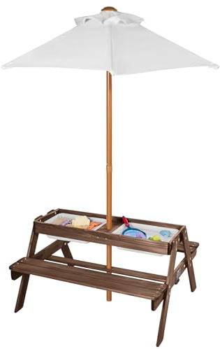 VEVOR Picknickbord för barn med paraply, 3-i-1 sand- och vattenbord, utomhus träbord och bänkset med 2 brickor, 4 personer uteplats middagsmöbler för trädgård, trädgård och veranda (valnöt)