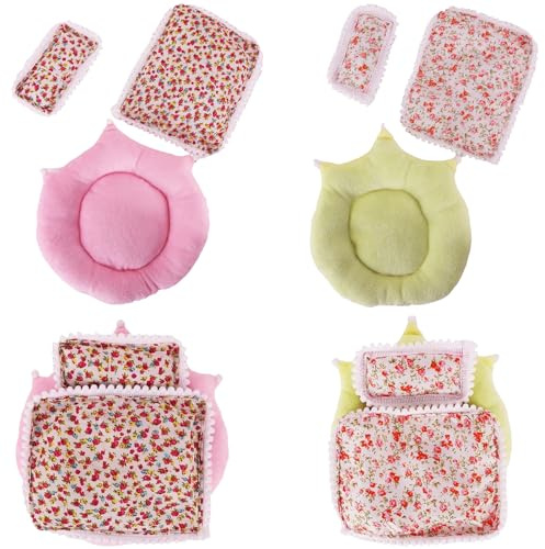 6 Pcs Bedding Set for 17cm Plush Dolls, 2 Sets Doll Accessories Include Pillow, Blanket, Mat, Suitable for 10-17cm Plush Dolls, Pretend Play Gifts for Girls