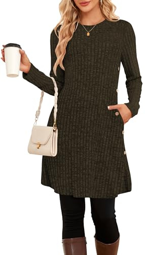 SENBATU Vestido de Invierno para Mujer Estilo Jersey de Punto túnica de Manga Larga con Bolsillos y Botones Laterales para Leggings(Marrón,Small)