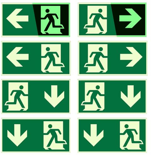 8 Stück Notausgangsschild Nachleuchtend, 15x30 cm Selbstklebend Fluchtwegschilder, “Links”, “rechts” und “unten”, Schild Notausgang gemäß ASR A1.3 DIN 7010 DIN 67510