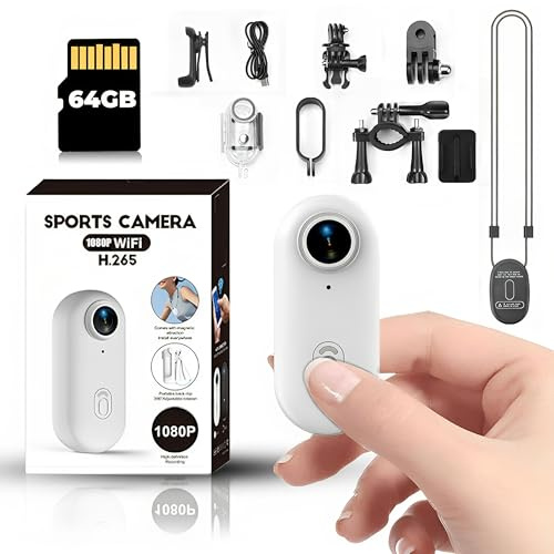 Winnes Minicámara deportiva WiFi, cámara de pulgar HD 1080P, lente gran angular de 120°, IP68, resistente al agua hasta 30 m, grabadora de video vlog (incluye tarjeta de memoria de 64 GB)color blanco