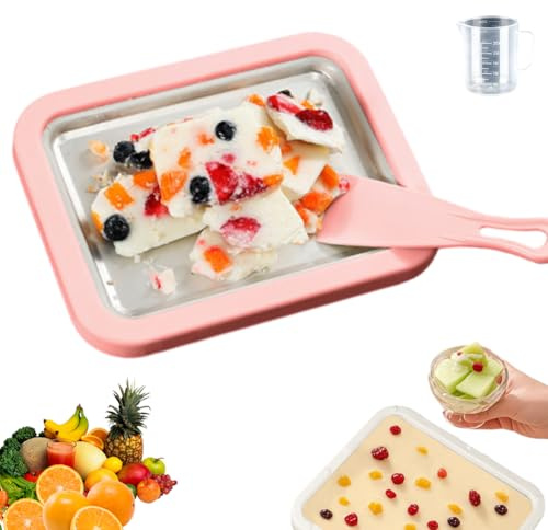 Argumub Juego de helados caseros, molde portátil de helado y yogur helado con 2 rascadores, tabla de acero inoxidable para postres congelados caseros, fácil limpieza (rosa, 22,5 x 17,5 cm)