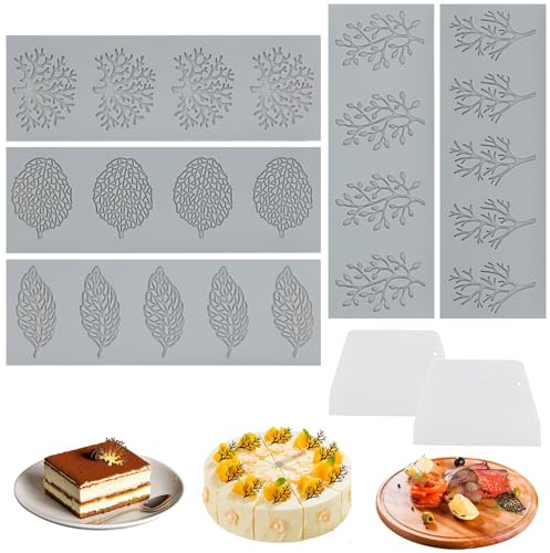 LuxStellar Lot de 5 moules en silicone en forme de feuilles avec 2 spatules - Moules en silicone 3D - Moules de cuisson de qualité supérieure pour chocolats, gâteaux, desserts