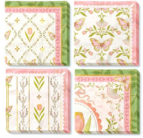NICROHOME EUR 24 Stück Rosa Grün Party Vintage Blumen Papierservietten | Cocktailservietten mit Tulpen Schmetterling Design, 3-lagige Servietten Tischdeko für Hochzeit, Geburtstag Ostern Gartenparty