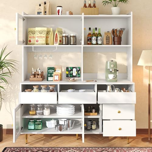 Ojjxh Tall Cupboard, Tall Storage Cabinet with 4 Glass Doors and 5 Drawers, Modern Kitchen Display Cabinets with Wine Glass Holder, Suitable for Kitchen, Dining Room, Living Room, 145×39×171cm (White)