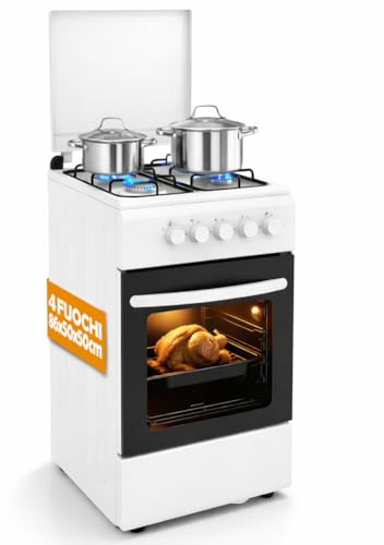 BAKAJI Cucina da Esterno Alimentazione a Gas con Forno e 4 Fuochi, Cucinino con Bruciatori e Griglie Rimovibili in Ghisa con Mobile e Accensione Ergonomica, Ideale per Esterni ed Interni (Bianco)