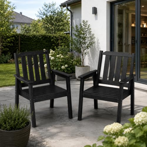 GarveeMore 2er Set Gartenstühle, Outdoor HDPE Terrassenstühle, Esszimmerstühle wetterfest & stabil bis 300kg, pflegeleicht, für Garten, Terrasse, Balkon, Poolbereich, Hinterhof & Veranda, Schwarz