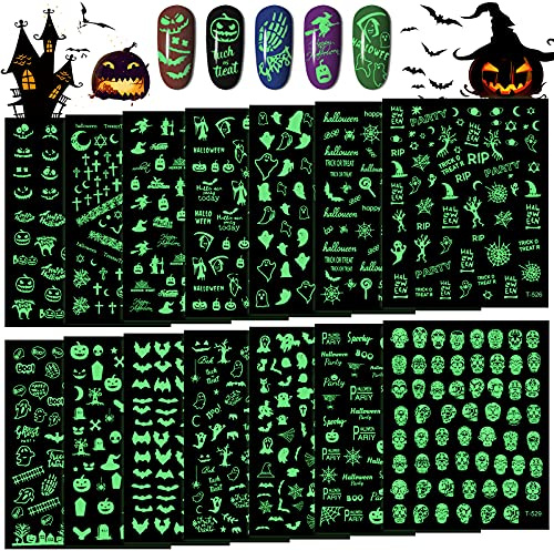 14 Blatt Halloween Leuchtend Aufkleber, TOROKOM Glow in Dark 3D Selbstklebende Kürbis Spinne Schädel Fledermaus Nagel Aufkleber, DIY Maniküre für Halloween