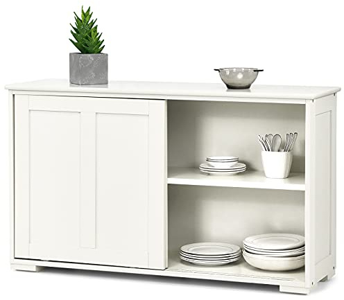 COSTWAY Wooden Storage Cabinet, Buffet Sideboard Server Table with Sliding Door and Adjustable Shelf, Console Cupboard Display Organiser Unit for Home Kitchen Living Room (Cream White, without glass)