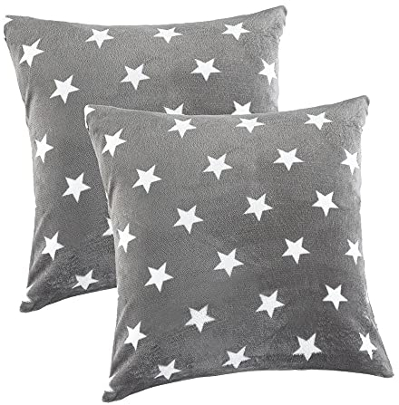 MALIKA Nicky-Teddy Cashmere Touch Coral Fleece Kissenbezug Kissenhülle alle Größen Couchkissen Sofakissen Deco Sterne, Größe:2X 50x50 cm, Designe:Sterne-GRAU