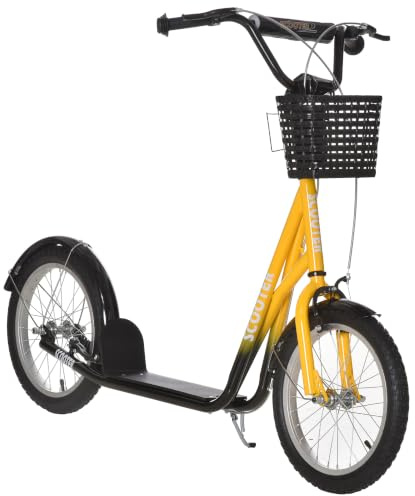 HOMCOM Kids Scooter, Kick Stunt Scooter with Adjustable Handlebar, Dual Brakes, Basket, Cupholder, Mudguard, 16 Inflatable Rubber Wheels, for 5-12 years