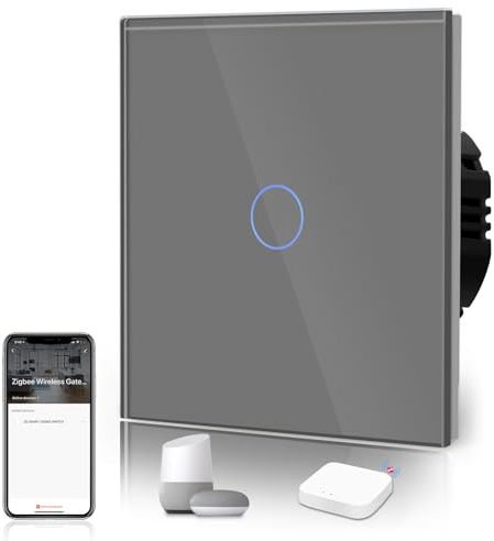BSEED Smart ZigBee Schalter Unterputz Lichtschalter WiFi Berührungssensor Glas 2.4GHz Single Live Wandschalter (Hub Erforderlich) Kompatibel mit Alexa/Google Home/Tuya/Smart Life 1 Fach 1 Weg Grau