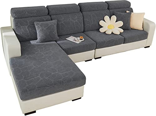 SHANNA Ajustable Funda Sofa 3 2 1 Plazas Chaise Long, Funda para Sofa Cubre Elástica Resistente al Desgaste, Universal Protector de Asiento Fundas de Cojín (Hojas Gris, Cojín Respaldo)