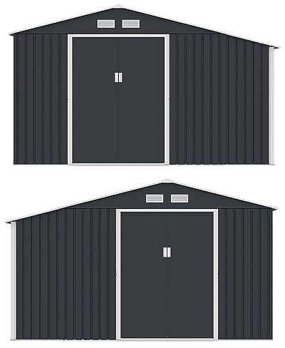 Juskys Metall Gerätehaus XL mit Holzunterstand, Schiebetür, Lüftungsgitter, Fundament - Geräteschuppen Gartenhaus Metallgerätehaus Holzregal - Grau