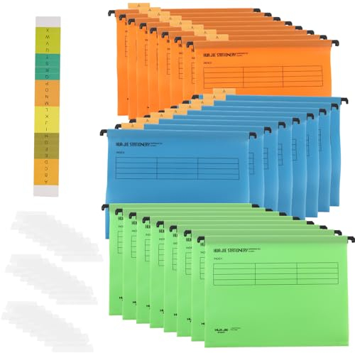 WOPPLXY 24 Stück Hängeregister Mappen, Hängemappen mit Registern und Karteneinsätzen, Hängemappen A4 en Polypropylen für Büroorganisation, Schule, Arbeit, Büro, Zuhause (3 Farben, 8 von jeder Farbe)