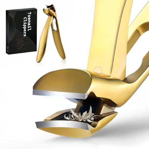 FERYES Toenail Clippers with Angled Head, Long Handle, Seniors, Large Wide Jaw, with Catcher for Thick Nails, Easier Cutting, Ergonomic Design, Gold