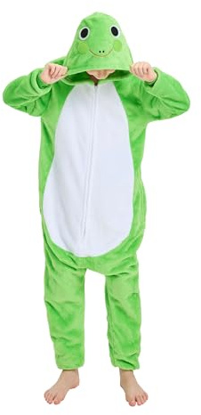 LONULAIN Unisex Kids Animal Oneise Pajamas, Boys Girls Flannel Hooded Halloween Cosplay Costume/Homewear/Sleepwear (Green Frog,4-5 Years)