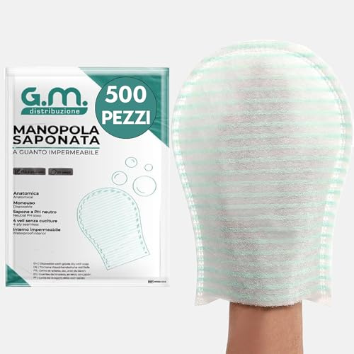 GM 500 PEZZI - Manopole Saponate Impermeabili, Con Soffice Spugna Esterna. Guanti Saponati Profumati, Senza Risciacquo, Per Anziani