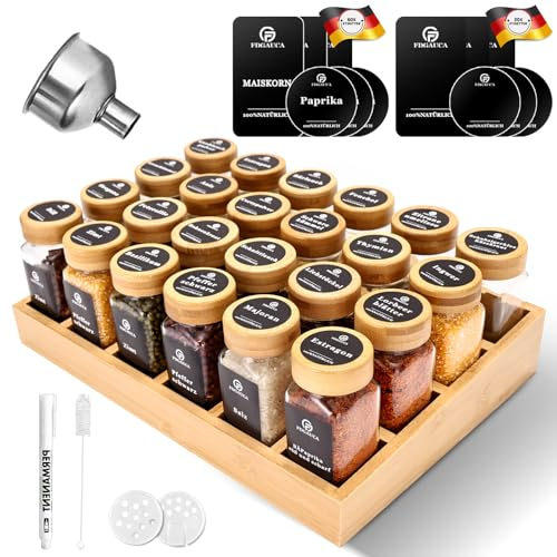 SAEIV Natürlicher Bambus Gewürzregal mit Gläsern, Gewürzregale Schrank Set mit 24 Gewürzgläser Eckig, Spice Rack Bambus für Eine Aufgeräumte und Organisierte Küche Geeignet