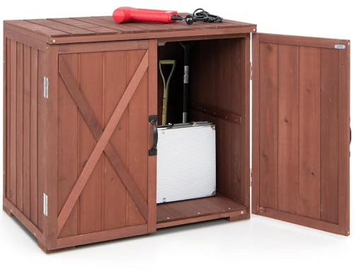 HOMASIS Étagère de jardin en bois, abri de jardin résistant aux intempéries, armoire en bois avec double portes et 2 poignées, abri de rangement pour outils de jardin, 77 x 56 x 72 cm, Café
