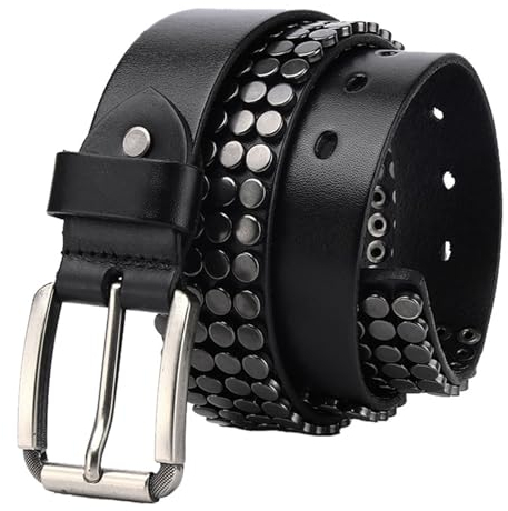 JIARY Gürtel Herren Leder Nieten, Damen-Gürtel Verstellbarer Nietengürtel Punk Mode Vintage Echtledergürtel Breit mit Dornschließe aus Legierung,Schwarz,110CM/43.3''