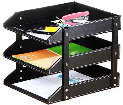 Briefablage, dreistöckige Aufbewahrungsbox für Dokumentenablagen aus PU, Schreibtisch-Organizer für Home-Office-Bedarf, Braun (Schwarz)