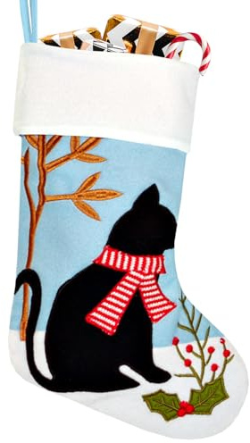 ALIBBON Große schwarze Katzen-Weihnachtsstrümpfe, Filz, blau, Weihnachtsstrümpfe, Weihnachtsstrümpfe für Kamin, Weihnachtsbaum, Familie, Weihnachtsfeier, Partyzubehör, Weihnachtsgeschenke,