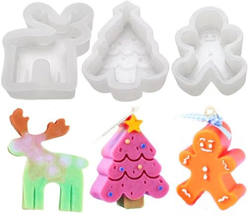 3 Stück Weihnachtsbaum, Lebkuchenmann Und Elch Kerze Silikonform - Weihnachten DIY Silikon Gießform Für Duftkerzen, Seifen, Süßigkeiten