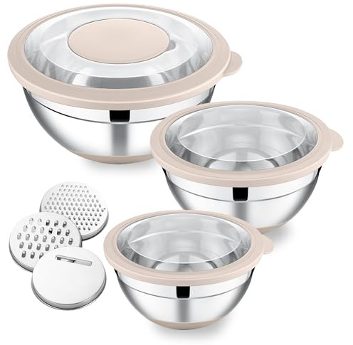 Herogo Rührschüssel 3er Set, Edelstahl Schüssel mit Transparenter Luftdichtem Deckel & 3 Reibeaufsätzen, Metall Salatschüssel für Küche Mischen Backen, 4,5L/3L/1,2L, Spülmaschinenfest, Khaki
