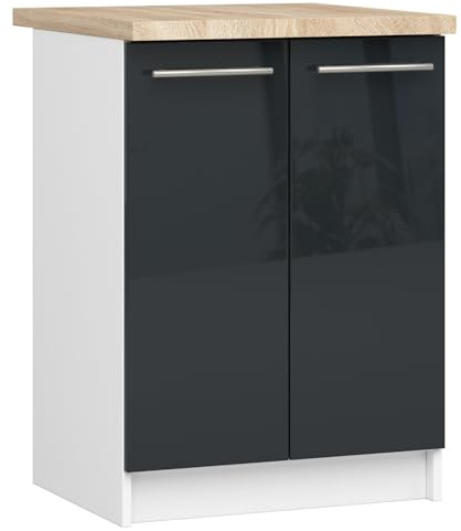 AKORD | Küchenschrank mit Arbeitsplatte - Oliwia S60 | Küchenunterschrank mit 2 Türen und 2 Einlegeböden | Unterschrank Küche 60 cm Breit | ABS-Kante 18 mm | 46 x 60 x 85 cm | Weiß & Graphit glänzend