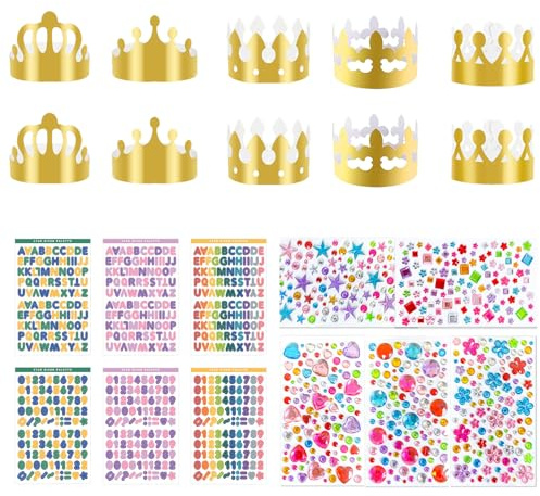 Lufdegim 10 Stück Papier Krone Partyhüte, Geburtstagskrone mit 6 Blätter Selbstklebende Strasssticker und 6 Blätter Alphanumerische DIY Krönchen für Prinzessin Prinz Geburtstagsfeier Party
