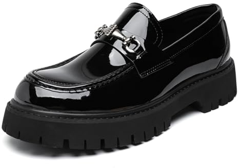 Boaobaihuo Mocasines de charol con plataforma para hombre, zapatos de tacón bajo, puntera redonda, antideslizantes, para negocios, bodas, Negro brillante, 46 EU