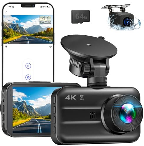 Dash Cam Front and Rear, 4K+2K Ultra HD Dash Cam Included 64GB SD Card Built-in WiFi,170°Wide Angle,Super Night Vision Dashcam, 24H Parking Mode, G-Sensor, Loop Recording Car Camera