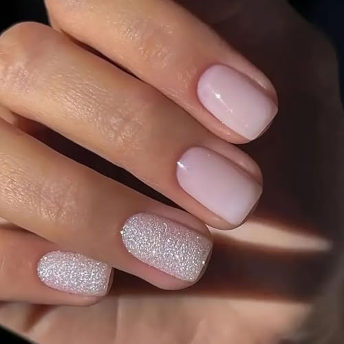 24 Stück Press on Nails Kurz, Eckig Nägel Zum Aufkleben Glitzer Rosa French Künstliche Nägel, Glossy Full Cover Kunstnägel Selbstklebende, Acryl Falsche Nägel für Frauen und Mädchen Heimat DIY