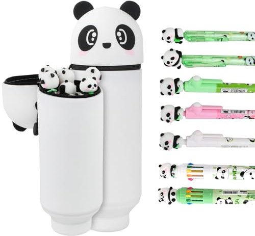 8 Stück Panda Schreibwarenset mit Mäppchen, 3 Gelschreiber mit Schwarzer Tinte, 2 Blaue Löschbare Gelschreiber, 2 Kugelschreiber in 10 Farben, Stand Up Federmäppchen, 2-in-1 Niedliche Stifte Mäppchen