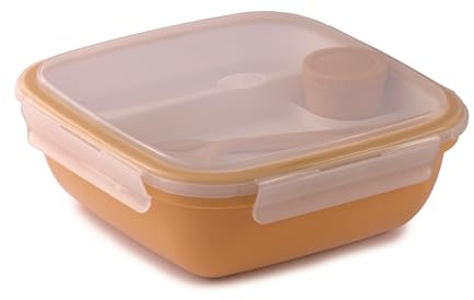 Snips Fresh Lunch Box Quadrato 1,50 L, Porta Pranzo con Vassoio a 2 Scomparti, Posate e Contenitore per Condimenti, 4 Chiusure di Sicurezza, Senape, Made in Italy
