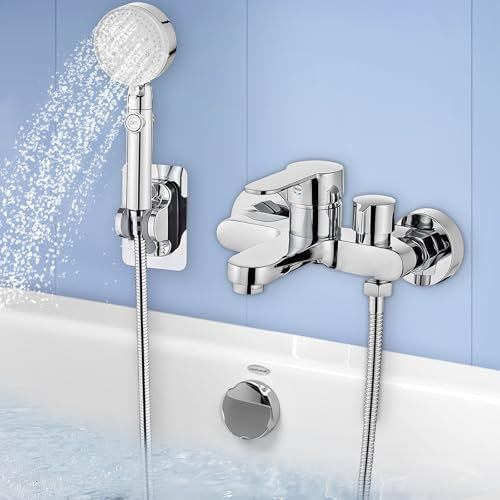 Rubinetto vasca da bagno, Rubinetto per vasca da bagno con doccetta a mano, in ottone con 5 funzioni, miscelatore monocomando, vasca da bagno con tubo in acciaio inox da 1,5 m, supporto a parete