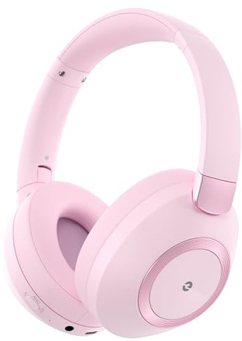 Rebocico Active Noise Cancelling Headphones, Wireless Over Ear Bluetooth Headphones, 80H Playtime,Deep Bass, Memory Foam Ear Cups, for Travel, Home (Pink)