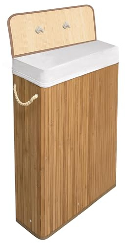 KNIGHT Bamboo Laundry Basket with Lid, 56L SLIM Laundry Hamper with Handles & Removeable Washable Lining, Easy Assemble Storage Bin 47x20x60 cm (Natural)