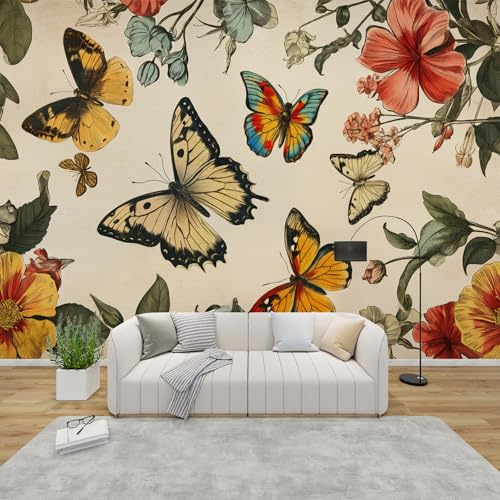 QEODAH 3D Tapete Schmetterling Schlafzimmer, Fototapete Vintage Blumen, Vliestapete Grün Braun, Tapeten Wohnzimmer Muster, Botanische Wand Deko Kinderzimmer, Wandtapete, Mustertapete 150x105 cm