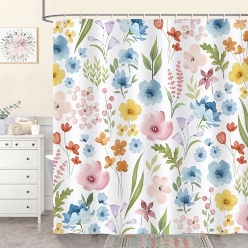 COZZSNUGE Duschvorhang 180 x 180 cm Blumen, Bunte Blätter Aquarell Pflanze Niedlich Duschvorhänge Anti-schimmel Wasserdicht Polyester Stoff Badvorhang mit 12 Duschvorhangringen