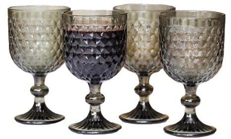 Darthome Set of 4 Diamond Glass Wine Goblets 250ml Embossed Drinking Rose Stemmed Glasses (Green)